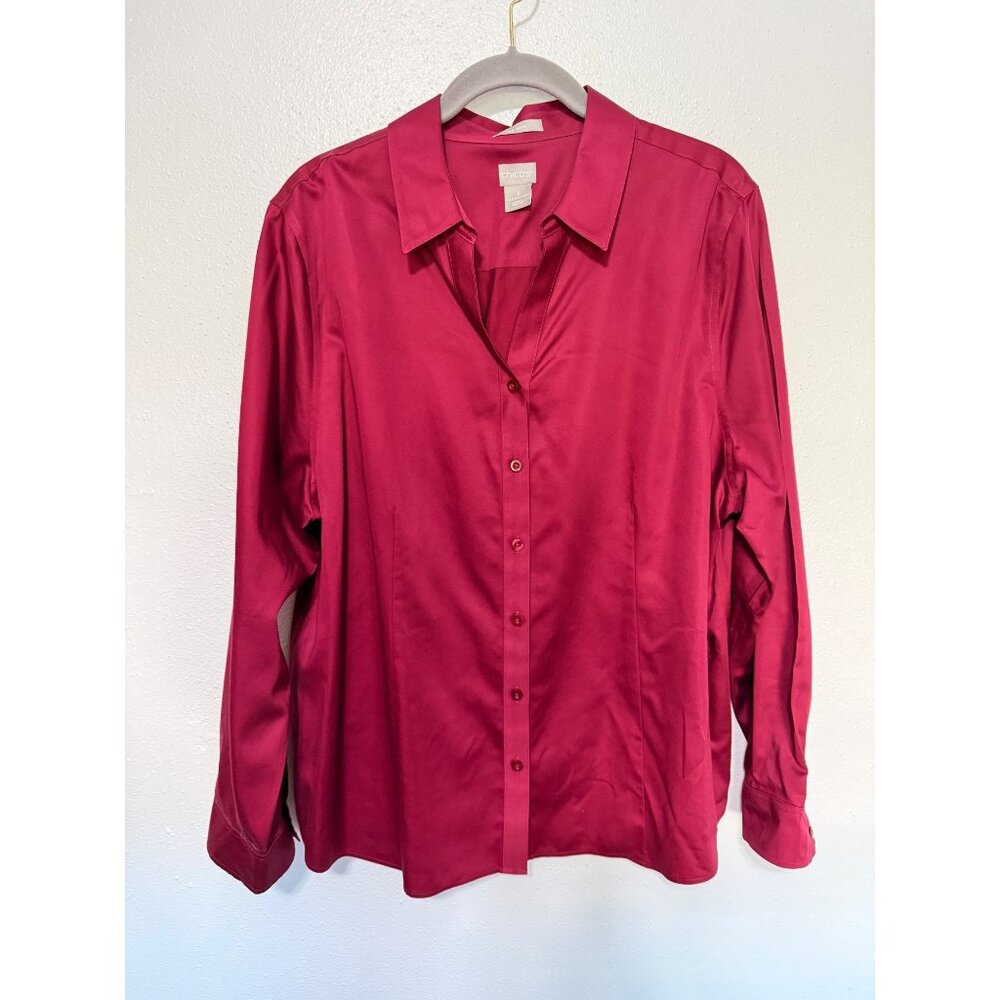 Chico's Button Up Shirt Blouse Wine Red V Neck No Iron Womans 3/XL